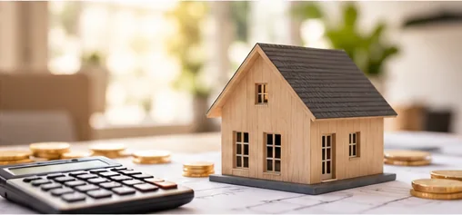 Modellhaus mit Planungsunterlagen als Sinnbild für Finanzierung