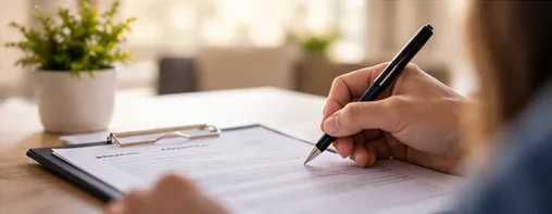 Hand trägt Angaben in Unterlagen zur Immobilienfinanzierung ein