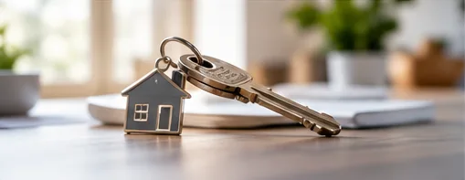 Hausschlüssel mit einem kleinen Hausanhänger als Symbol für den Immobilienkauf
